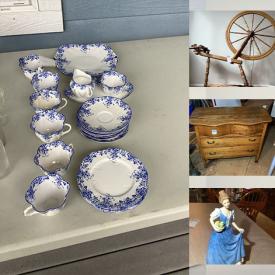 MaxSold Auction: This online auction features stoneware churn, antique spinning wheel, antique sewing machines, oil lamps, antique mirror, wood carvings, art glass, Royal Doulton figurines, pewter tea set, uranium glass, salt cellar collection, Bunnykins, teacup/saucer sets, TVs, commercial lighting, toys, bike, garden tools, boots, games, and more!