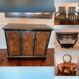 MaxSold Auction: This online auction features vintage tub chairs, vintage brass & glass, a Chinoiserie flip-top server, vintage glass-top tables, vintage Mokyun Japanese furniture, sewing machine,  and more!