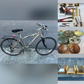 MaxSold Auction: This online auction features bikes, bistro set, teak outdoor furniture, TV, area rug, wood carvings, flower pots, art pottery, floor vase, metal wall art, hand tools, Roseville pottery, and more!
