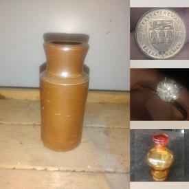 MaxSold Auction: This online auction features antique crock bottles, perfume bottle, insulators, Carnival glass, art pottery, antique industrial lights, coins, tokens, gold jewelry, and more!