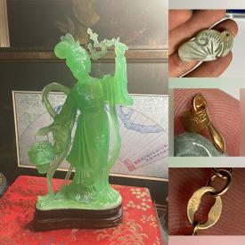 MaxSold Auction: This online auction features Chinese figurines, jade pendants, gold jewelry, blue & white vase & teapot, transferware, trinket box, coin, wood carvings, and more!