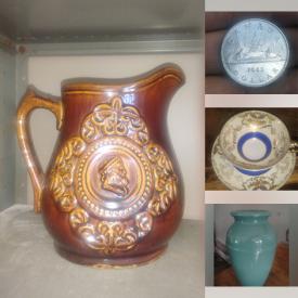 MaxSold Auction: This online auction features Roseville pottery, antique stoneware crock, Hoselton sculpture, coins, soapstone figure, Raku pottery, antique bottles, steins, slag glass lamp, Staffordshire dogs, teacup/saucer sets, antique steamer trunks, and more!