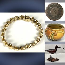 MaxSold Auction: This online auction features gold & silver jewelry,  pocket & wrist watches, coins, trinket boxes, art pottery, art glass, Ann Hurley pottery, area rugs, Roseville pottery, wood carving, stamps, perfume bottles, soapstone carvings, vintage Pyrex, and more!