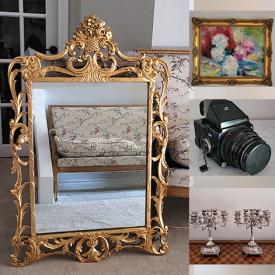 MaxSold Auction: This online auction features gilt wood mirrors, Art Deco inkwells, antique figurine lamps, brass candelabra, cameras, teacup/saucer sets, decorative plates, oil paintings, and more!