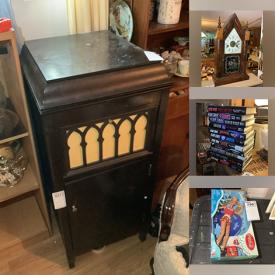 MaxSold Auction: This online auction features porcelain figurines, art pottery, S&P shaker collection, ukulele, teacup/saucer sets, milk glass, uncut stamps & stamp books, novelty teapots collection, collector plates, DVDs, art glass, wood carvings vintage books, brass collectibles, toys, collector spoons, dollhouse, kids books, vintage kids books, vintage bottles, crocks, uranium glass, oil lamps, rock collection, vinyl records, gramophone, sport collectibles, sports trading cards, bell collection, comics, collectible eggs, and much, much, more!!!