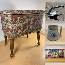 MaxSold Auction: This online auction features NIB collector Barbie, vintage games, art glass, porcelain doll, planters, fitness gear, camping gear, vintage bank bags, power & hand tools, costume jewelry, vintage sewing stool & notions, new men’s clothing, and more!