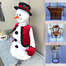 MaxSold Auction: This online auction features storage tubs, corner chair, butler tray table, vintage altar table, wine cooler, wine boxes, Christmas inflatable, animated snowman, wood artwork, outdoor lamps, and more!\n