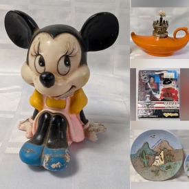 MaxSold Auction: This online auction features stein, sports trading cards, vintage toys, wood wall masks, stoneware crock, coins, Funko Pops!, comics, souvenir spoons, crystal decanter, art glass, art pottery, sports collectibles, comics, horse brass, oil lamps, and more!