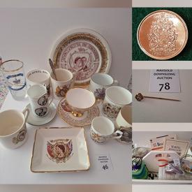 MaxSold Auction: This online auction features gold & costume jewelry, watches, Wedgwood collectibles, Lilliput Lane houses, sewing supplies, jewelry making supplies, teacup/saucer sets, stone carving, art glass, Royal Doulton vases, coins, model kits, leather jacket, games, Legos, Bunnykins, power tools, and more!
