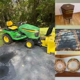 MaxSold Auction: This online auction features riding lawn tractor, antique wine cooler, Art Deco vanity, cedar chest, area rugs, crocks, cameras, Western spurs & belt buckles, art pottery, mantel clock, Aztec terracotta figures, art glass, Indigenous artwork, wood marionette, daybed, lily pad table lamp, Tiffany-style lamp, decorative plates, minerals & crystals, exercise equipment, games, McCoy pottery, oil lamps, Depression glass, cameras, humidor box, teak patio furniture, lawnmower, costume jewelry, and much, much, more!!!