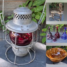 MaxSold Auction: This online auction features antique cast iron kettle, vintage kitchen tools, stoneware crock, vintage tins, vintage bell collection, art glass, Blue Mountain pottery, sad irons, antique RR lanterns, stein, stained glass window, slag glass table lamp, S&P shakers, Fenton glass, fishing gear, and more!