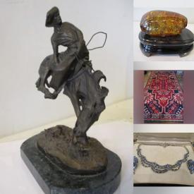 MaxSold Auction: This online auction features vintage wooden masks, garden art, art glass, Wade figures, Persian area rugs & runner, vintage bronze figures, vintage tea sets, collector spoons, silver & costume jewelry, Bodhran, vintage Bowie collection, coins, banknotes, ancient coins, marbles, rock carvings, Navajo pottery, First Day covers, stamps, and more!