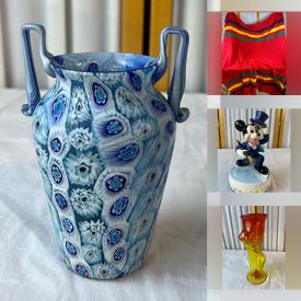 MaxSold Auction: This online auction features teacup/saucer sets, art glass, wall mask, Disney collectibles, decanter, camera, Roseville pottery, snuff bottle, ceramic figurine collections, transferware, milk glass, porcelain tiles, cowboy boots, vintage cast-iron, and more!