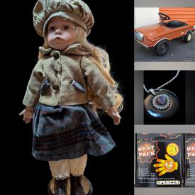 MaxSold Auction: This online auction features watches, lapel pin collection, silver jewelry, porcelain doll, die-cast vehicles, NIB airbuds, drafting table lamp, vintage pendant lights, cedar chest, vintage pedal car, art glass, Pokemon collectibles, table lamps, NIP car seat covers, NIP body warmers, play kitchen, and more!