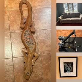 MaxSold Auction: This online auction features chairs, shelving, desk, shelves, antique table, bike trainer, stereo cabinet, leather furniture, and more.