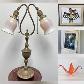 MaxSold Auction: This online auction features Indigenous oil painting, Art Deco skyscraper lamp, stained art panel & desk lamp, art glass, uranium glass, art pottery, costume jewelry, Roseville pottery, Shawnee pottery, and more!