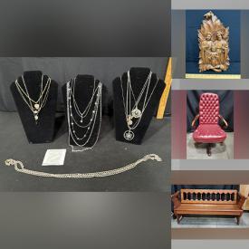 MaxSold Auction: This online auction features silver, gold & costume jewelry, coins, banknotes, air purifier, vintage toasting trivet, sports collectibles, stained glass lamp, cameras, art glass, Waterford crystal, antique irons, yarn, art & craft supplies, office supplies, vintage sewing machine, Royal Copenhagen figurines, decanters, vintage bottles, beauty appliances, vintage pew, sleigh bed, pet products, fish tank, bar stools, wash stand, secretary desk, office chairs, bikes, exercise equipment, at, and more!