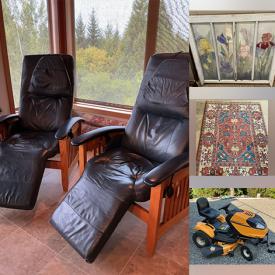 MaxSold Auction: This auction features Riding Mower, Area Rugs, Leather Recliners, Houseplants, TV, Dresser, Teeter Exercise Machine, Seating, Tables, Bakeware, Kitchenaid, Candles, Barware, Dishes, Linens, Vases, Snowshoes, Wall Art, Tools, Lamps, Garden Tools, Camping Gear, Freezer, Jewelry, Shelving, Art Supplies, Fishing Gear, Mens Clothing, Patio Furniture, Planters and much more.