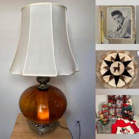 MaxSold Auction: This auction features Christmas Decor, Lamps, Vases, Serving Pieces, Boots, Barware, Rae Dunn Jar, Costumes, Afghan Throws, Signed Art Glass, Candleholders, Stationary, Figurines, Uranium Glass, Bookends, Framed Art, 1950\'s Scrapbook, Serveware, Party Supplies, Books,  DVDs, Vintage Glassware, Toy Cars, Dresses,  Nativity Set, Trinket Boxes, Mannequins and much much more!