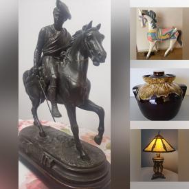 MaxSold Auction: This online auction features vintage Brentleigh ware, Roseville pottery, carved masks, vintage carousel horse, fishing gear, printer, collector plates, art glass, antique Thomas Forester vase, vintage bronze figures, vintage sewing machine, vintage etchings, vintage marbles, wood carvings, antique zither, Disney collectibles, stained glass lamp, vintage shell light, Avon bottles, and more!
