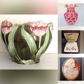 MaxSold Auction: This online auction features teacup/saucer sets, gold, silver,  & gemstone jewelry, coins, antique postcards, Moorcroft, Carnival glass, Majolica jardinieres, Fenton glass, art glass, perfume bottle, Belleek, decanter set, vintage head vase, Carlton Ware, transferware, Jasperware, Red Rose figurines, vintage tins, antique kitchen tools, antique humidor, Goebel figurines, S&Pshakers, Bunnykins, vintage ashtrays, and more!