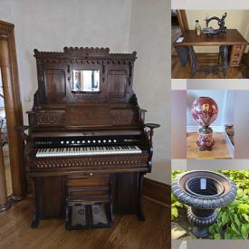 MaxSold Auction: This online auction features antique pump organ, crock, antique matel clocks, decanter set, carnival glass, decorative plates, collector plates, hurricane table lamps, bridge floor lamp, dining tables & chairs, bird feeders, framed art prints, wingback chairs, wall masks, slag glass lamp, antique phonograph cabinet, antique mandolin harp, concert flute, vinyl records, antique sewing machine, antique secretary desk, vintage baby & doll prams, planters, garden art, and much, much, more!!!