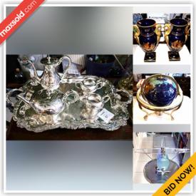 MaxSold Auction: This online auction features vintage books, mantle clock, vintage cruet set, vintage tea pots, copper molds, vintage tins, buttons, stamps, art glass, coins, chandeliers, cameras, Christmas village houses, die-cast vehicles, sports trading cards, small kitchen appliances, train cars, Depression glass, and more!