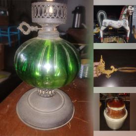 MaxSold Auction: This online auction features antique dresser, Depression glass, antique flow-blue plate, Fenton glass, privacy screen, metal wall art, crocks, antique parade horse, Roseville pottery, antique cast iron door stop, art glass, sports trading cards, clay teapots, oil lamps, sealers, vintage books, collector plates, vinyl records, Yu-Gi-Oh cards,and more!