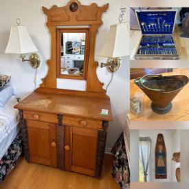 MaxSold Auction: This auction features Folk Art Painting, Office Supplies, Pottery, Brass, Copper,  Cookware, Dishes, Barware, Occasional Chairs, Candles, Tables, Flatware, Planters, Display Shelves, Wall Art, Jewelry, Antique Furniture, Storage Pieces, Mirrors and much more!