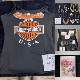 MaxSold Auction: This online auction features costume jewelry, office supplies, printer, GK work clothes, Harley Davidson clothing, women’s clothing & footwear, electrical supplies, NIB black splash tiles, watches, tools, and more!