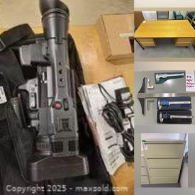 MaxSold Auction: This Commercial Liquidation Online Auction features conference table, workstation desk, shipping boxes, office supplies, monitor, banquet chairs, office chairs, task light station, cameras & accessories, wire display panels, lateral file cabinets, pallets, office cubicle panels, metal shelving units, reception desk, hand tools, bench magnifier, vinyl records, vertical freezer, utility carts, stand lights, monopods, and more!
