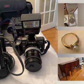 MaxSold Auction: This online auction features gold & costume jewelry, watches, souvenir spoons, desks & chairs, exercise equipment, room dividers, 4-post bed, office supplies, dining table & chairs, saxophone, quilts, video game consoles, home electronics, framed & unframed wall art, vintage toys, women’s & men’s clothing & footwear, art supplies, vintage divan, camera & accessories, crystal decanter, small kitchen appliances, games, stools, air purifier, and more!n