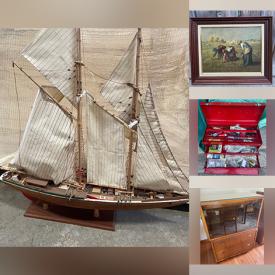MaxSold Auction: This online auction features vintage model ship, vintage secretary desk, glass desk, vintage curio cabinet, antique spinning wheel, area rugs, metal wall art, desk, vintage cuckoo clock, vintage tools, vinyl records, hardware, Depression glass, garden tools, art glass, oil lamp, and more!