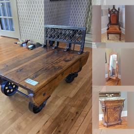 MaxSold Auction: This online auction features cube storage, vintage floor radio, antique settee, vintage dressing mirror, antique throne armchairs, wooden bed frames, vintage display cabinets, doll collection, decorative birdhouses, skis, teacup/saucer sets, decanters, art pottery, oil lamp, art glass, antique wash set, Depression glass, new massage table, antique inkwell, vintage advertising tins, tribal masks, wood carvings, DVDs, games, African hand drums, vintage floor lamps, garden art, Christmas village houses, planters, floor vases, vintage children’s books, and much, much, more!!!\n