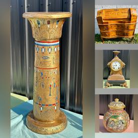 MaxSold Auction: This online auction features Egyptian-style collectibles, vintage writing desk, marquetry panel, power tool, antique telephone, terracotta figures, horse brasses, antique violin, vintage ginger jar, antique crocks, area rug, steins, Lladro figurine, Fiestaware, chandeliers, art glass, Depression glass, mantle clock, quilts, and more!