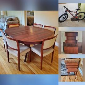 MaxSold Auction: This auction features MCM Dining Set, Upholstered Seating, Wall Clock, Nesting Tables, Framed Paintings, Tulip Pole Lamp, Hutch, Occasional Tables, Vases, Carpet, Linens, Queen Bed, Figurines, Mirrors, Bedroom Suite, Jewelry, Books, Dishes, Microwave, Pottery, Kitchen Small Appliances,  Housewares,  Masks, Hand Tools, Patio Furniture, Power Cords, Ladders, Wooden Lockers and much much more!