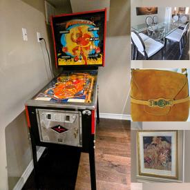 MaxSold Auction: This online auction features designer bags & scarves, pinball machine, Bracha Guy artwork, outerwear, men’s & women’s clothing, designer accent chairs, vintage fascinators & hats, sectional sofa, glass dining table, exercise equipment, office chair, and more!n