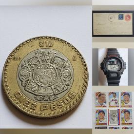 MaxSold Auction: This online auction features coins, watches, stamps, wood carving signed posted envelopes, sports trading cards, Yu-Gi-Oh cards, and more!