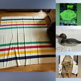 MaxSold Auction: This online auction features antique train lantern, vintage snowshoes, vintage Pyrex, snuff bottle, art glass, Portmeirion teapot, Fenton glass, Carnival glass, vintage horse brasses, antique wooden duck decoys, uranium glass, puzzle, stamp yearbooks, Legos, Jasperware, model kits, jersey, and more!