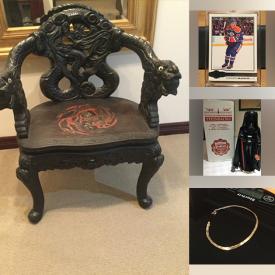 MaxSold Auction: This online auction features vintage Dragon chair, teacup/saucer sets, Royal Doulton figurine, Russian art pieces, Star Wars collectibles, gold & costume jewelry, Swarovski jewelry, perfume bottle, Mary Gregory glassworks, vinyl records, coins, banknotes, beauty appliances, fitness gear, Laserdiscs, CDs, DVDs, sports trading cards, sports collectibles, display shelf, toys, horse collection, vintage decanters, new women’s clothing, oil lamps, Halloween costume, and more!