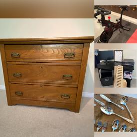 MaxSold Auction: This online auction features small kitchen appliances, bakeware, wine cabinet, desk, printer, fitness gear, exercise equipment, TV, antique spool bed, camping gear, sports equipment, collector plates, vintage books, sewing machine, power tool cookie jar, and more!