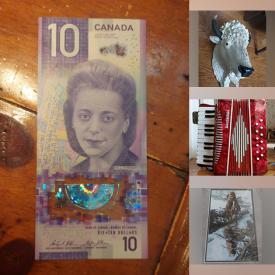 MaxSold Auction: This online auction features costume jewelry, antique camera, vintage music boxes, teacup/saucer sets, collector spoons, vinyl records, watch, coins, banknotes, wood carving, First Nations art, sports collectibles, snuff bottle, cookie jar, Coca-Cola collectibles, child accordion, collector plates, Roseville pottery,  comics, Royal Doulton figurine, and more!n