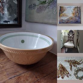 MaxSold Auction: This online auction features teacup/saucer sets, antique crock, art pottery, Bunnykins, stained glass panel, tapestry fabric, cloche collection, vintage books, antique hand mirror, vintage postcards, vintage buttons, art glass, art books, and more!