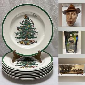MaxSold Auction: This auction features  Star Wars Action Figures, Vases, Figurines, Humphrey Bogart Mask,  Tea Set, Pottery, Pokémon, Wood Salad Set, Engravings, Paintings, Books, Plates, Holiday Decor, Tea Cups, MCM Barware, Milk Glass Vases   and much much more!