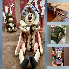 MaxSold Auction: This online auction features cast iron vent grates, vintage tins, vintage teapot, art glass, small kitchen appliances, vintage mantle clocks, stained glass lamp, decorative plates, David Winter cottages, decanters, cookie jar, Satsuma vase, oil lamps, vintage Avon figurines, wooden mask, smoking cabinet, Toby mugs, porcelain figurines, vintage horse brass, marbles, room divider, Asian lacquer cabinet, and more!