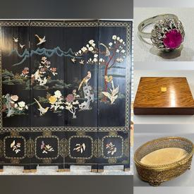 MaxSold Auction: This online auction features jade sculptures, snuff bottles, silver, gold,  & costume jewelry, watches, coins, vintage baoding ball sets, Asian silk scrolls, stamps, First Day covers, vintage Chinese room divider, art glass, jade bangles, and more!