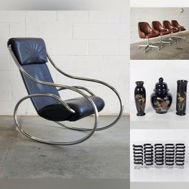 MaxSold Auction: This online auction features David Rowland chairs, vintage counger stools, Tom Deacon chairs, vintage chrome/leather rocker, Art Deco glass table, Carnival glass, art glass, vintage brass mantel clock, Coca-Cola collectibles, and more!