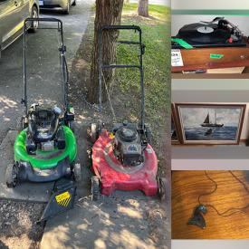 MaxSold Auction: This online auction features power washer, lawnmowers, humidifier, outerwear, TVs, art glass, sailboats, steins, vintage teak wall unit, puzzle, oil lamp, nautical collection, vinyl records, fishing gear, power & hand tools, coins, watches, small kitchen appliances, bar fridge, silver & costume jewelry, sofa bed, portable  & window AC units, office supplies, sewing machine, desk & chair, and more!