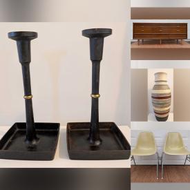 MaxSold Auction: This online auction features brass wall art, Roseville pottery, art glass, Eames side chairs, space age lamps, Hoselton sculpture, cantilever chairs, art pottery, floor vase, enamel plates, antique stoneware, planters, Hull pottery, cast iron trivets, Royal Copenhagen plates, and more!