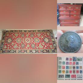 MaxSold Auction: This online auction features area rug, vintage drip glaze pottery, art glass, vintage books, toys, perfume bottles, art books, outerwear, cookie jar, marbles, coins, stamps, vintage Mad cards, and more!